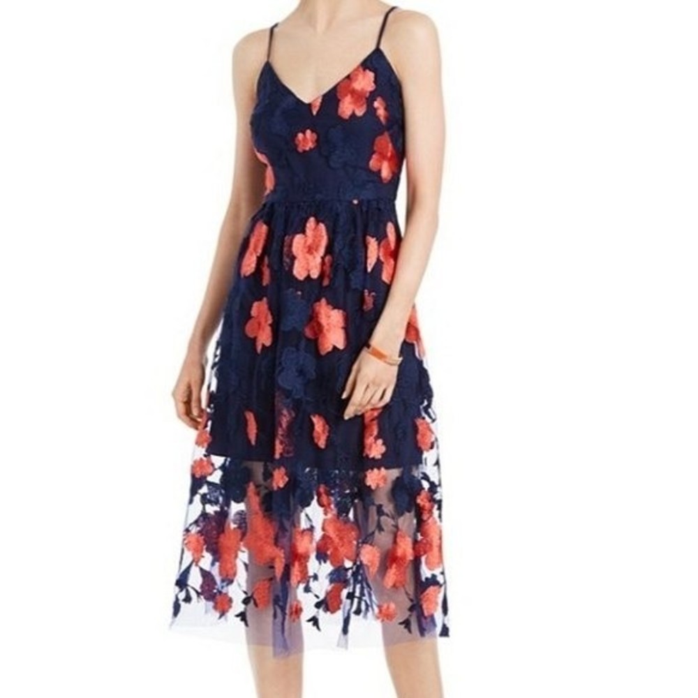 Vince Camuto Navy Midi Dress with Coral Floral Appliqué